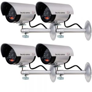 WALI Bullet Dummy Fake Surveillance Security CCTV Dome Camera Indoor Outdoor with one LED Light + Warning Security Alert Sticker Decals (TC-S4), 4 Packs, Silver