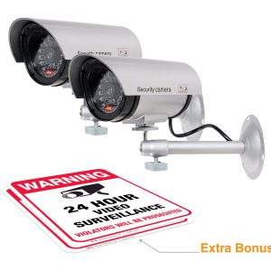 (2 Pack) Dummy Security Camera, Fake Bullet CCTV Surveillance System with Realistic Look Recording LEDs + Bonus Warning Sticker - Indoor/Outdoor Use, for...